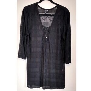 BREEZY Boho Lace Up Mesh Sheer Tunic COVER UP Whimsigoth XL Textured Jacquard
